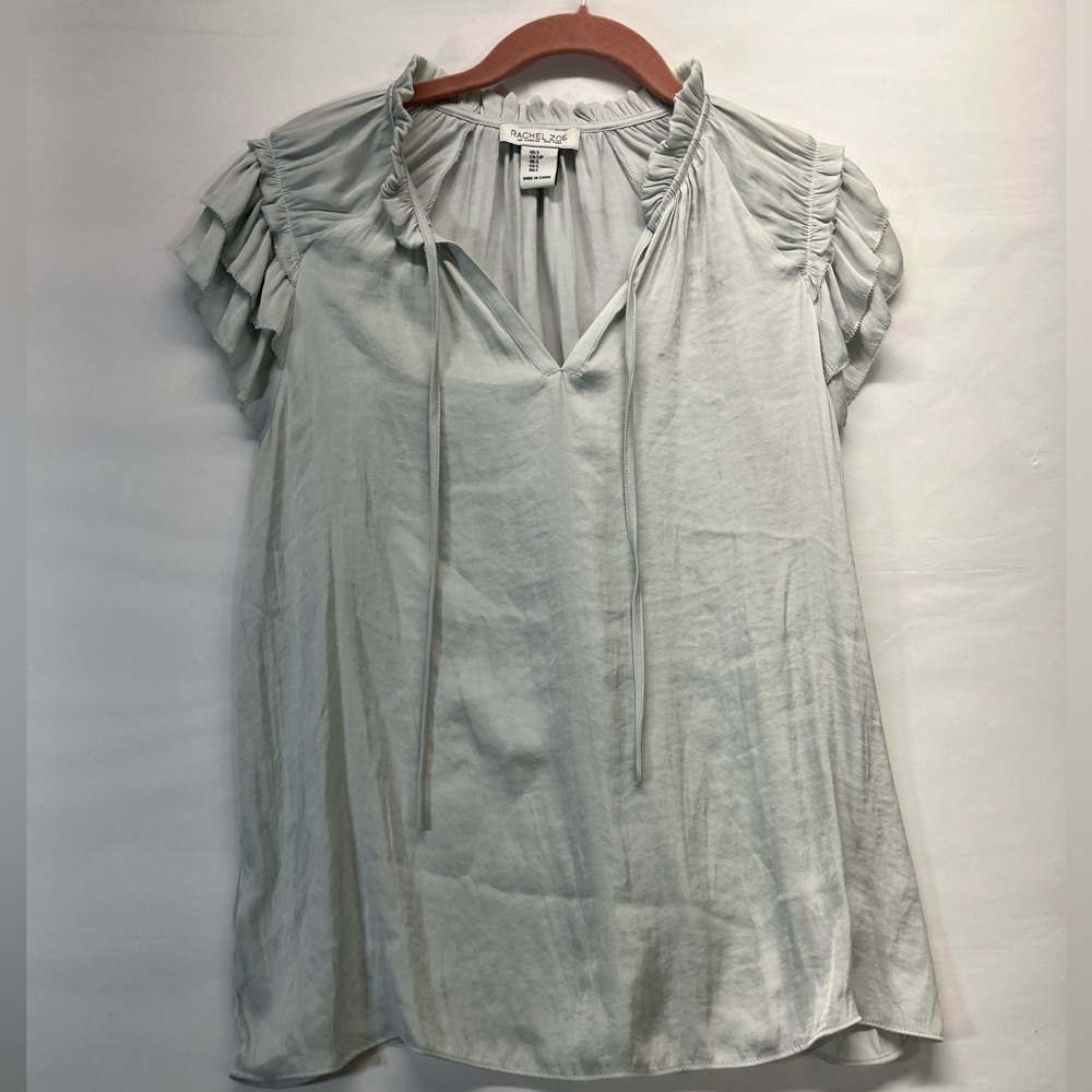 Rachel Zoe‎ Gathered Ruffled Sleeve Blouse Women S Gray V Neck W/Tie Soft Feel